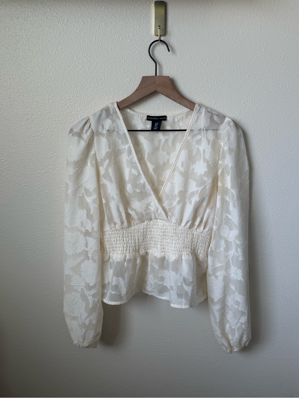 Sincerely Jules Cream Floral V-Neck Smocked-Waist Blouse